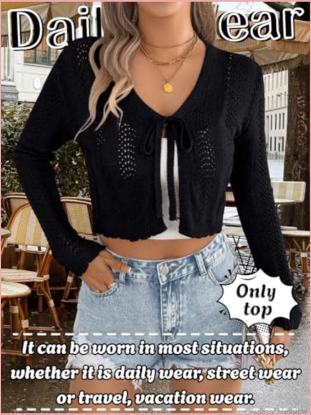 Lightweight Cropped Crochet Cardigan Tie Front V-Neck Hollow Out Knit Top - Picture 5 of 7